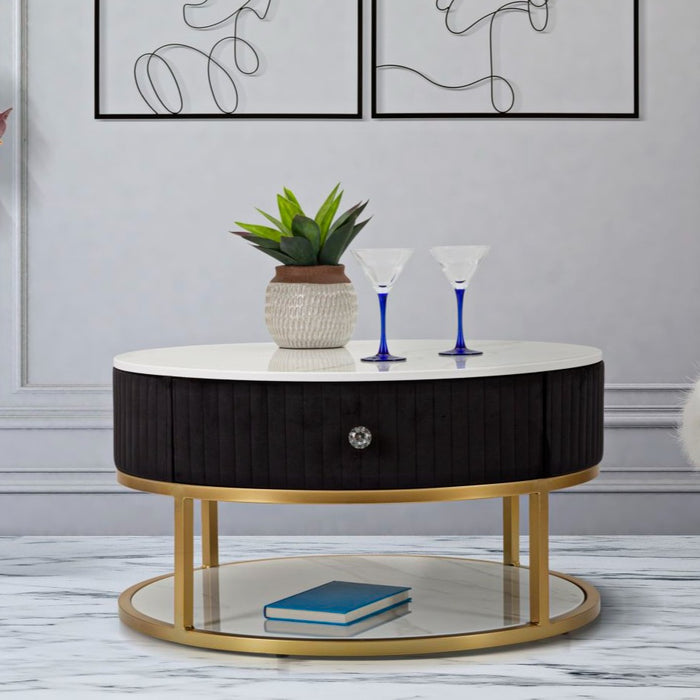 Masă Cafea Montpellier Nero Ø 75x36cm | Design Glam Auriu-Negru | Blat Marmură Elegantă