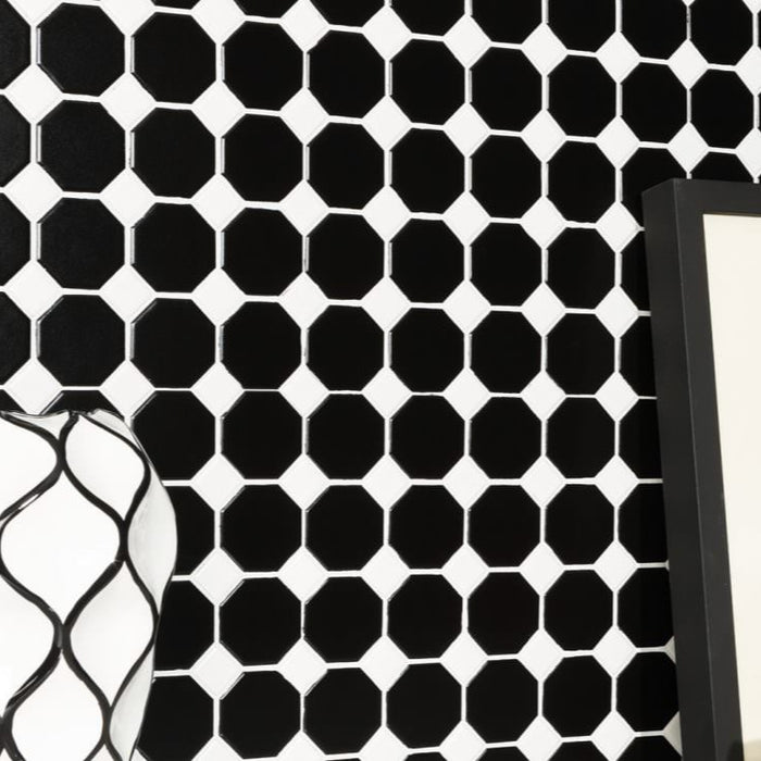 Mostră de mozaic decorativ Octagon 29,5×29,5 cm – porțelan glazurat alb și negru