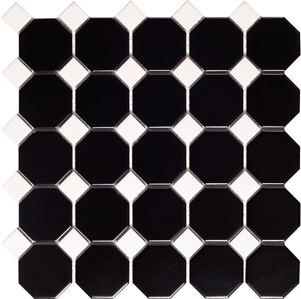 Placă mozaic decorativ Octagon 29,5×29,5 cm – porțelan glazurat negru și alb