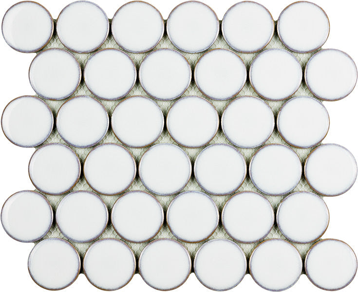Mostră de mozaic decorativ Hexagon 26×30 cm – plăci rotunde albe montate pe plasă