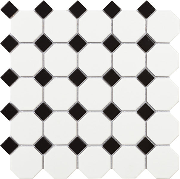 Placă mozaic decorativ Octagon 29,5×29,5 cm – porțelan glazurat alb și negru