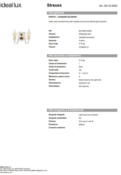 Aplica perete dormitor /sufragerie strauss ap2 ideal lux made in Italy