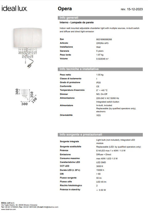 Aplica perete dormitor /sufragerie opera ap3  ideal lux made in Italy