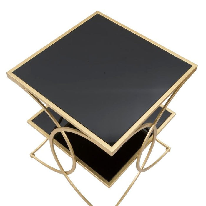 Măsuță Pătrată Dublă Aurie 45x45x55cm | Design Glam cu 2 Rafturi Sticlă Neagră | Elegantă