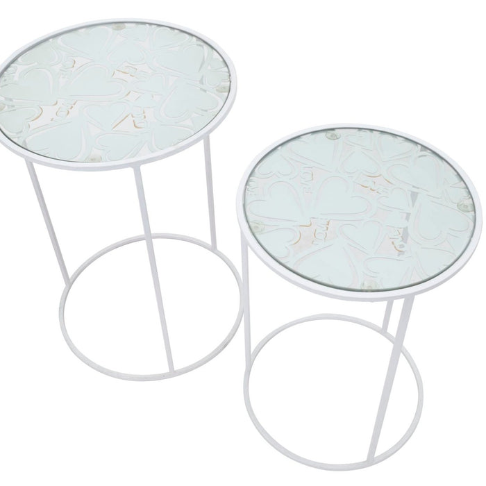 Set 2 Măsuțe Albe cu Blat Sticlă și Decor Inimă - Design Glam Ø 43x60cm și 38x55cm