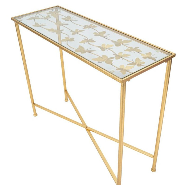 Consolă Glamour cu Fluturi Aurii și Blat din Sticlă 100x35x80 cm