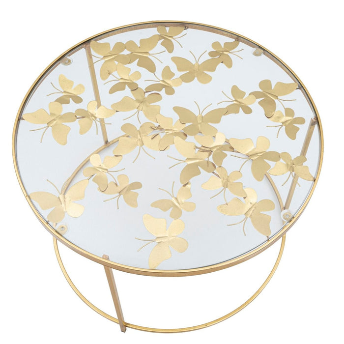 Masă de Cafea Rotundă Glam cu Fluturi - Blat Sticlă & Cadru Auriu Ø60cm