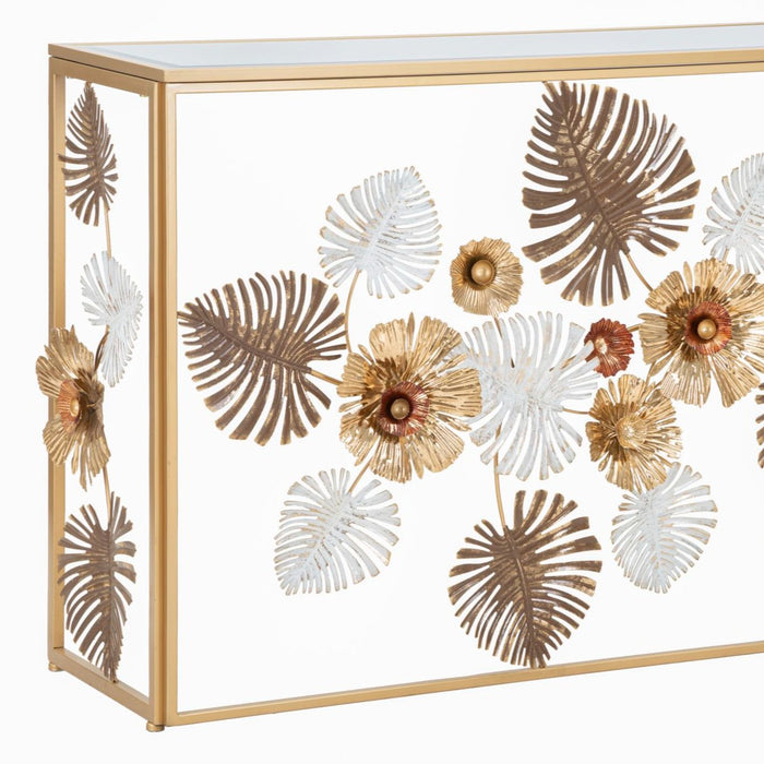 Consolă Glam Floris cu Blat Oglindă și Decorațiuni Florale - 113x40x80 cm
