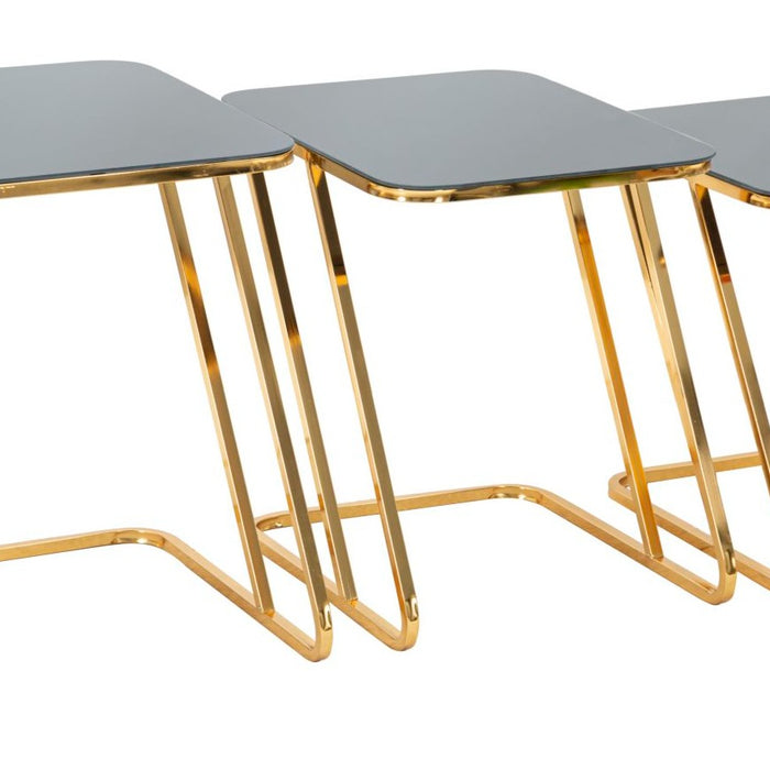 Set 3 Măsuțe Cafea Moderne Aurii cu Blat Sticlă Neagră - Design Glam Elegant