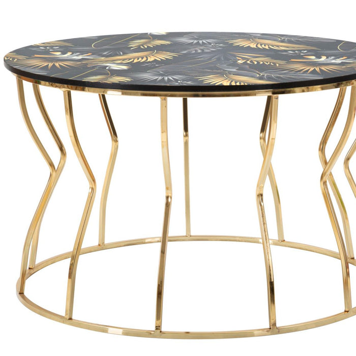 Măsuță de Cafea Rotundă Blaut Frunza - Design Glam cu Blat Negru și Structură Aurie