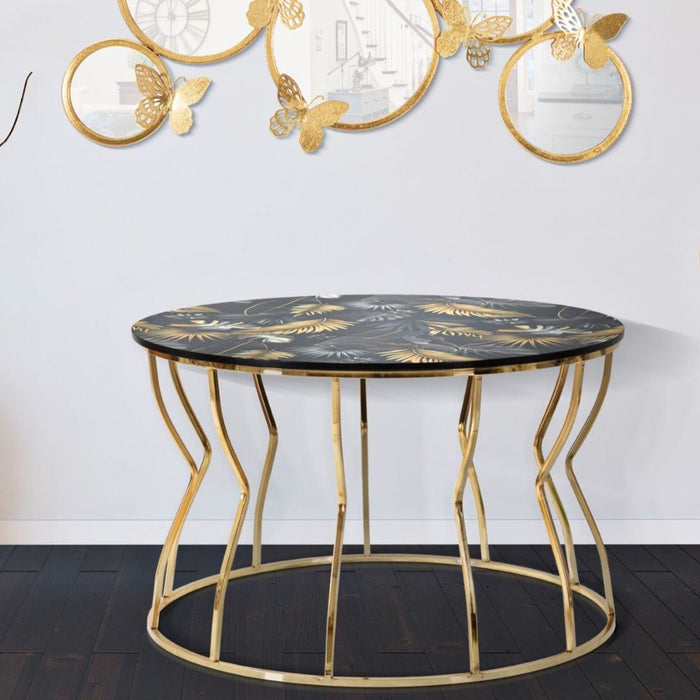 Măsuță de Cafea Rotundă Blaut Frunza - Design Glam cu Blat Negru și Structură Aurie
