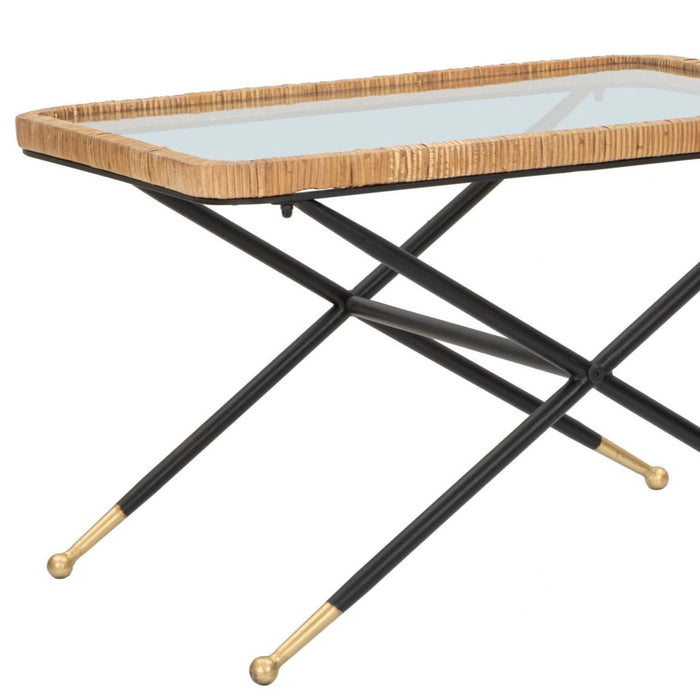 Masă Cafea Saint Barth 70x50x45cm | Design Boho Chic Ratan și Sticlă | Picioare Aurii