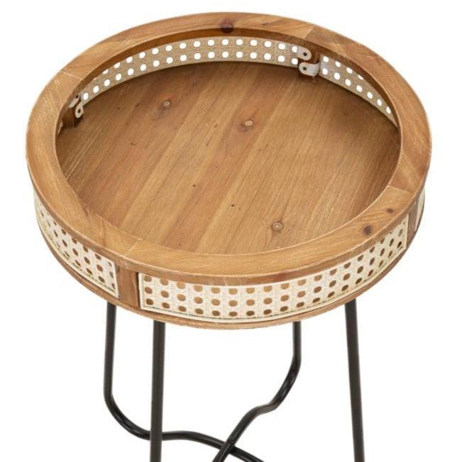 Măsuță Fuji Ø 40x60cm | Design Boho Chic cu Margine Paie Viena | Lemn și Metal