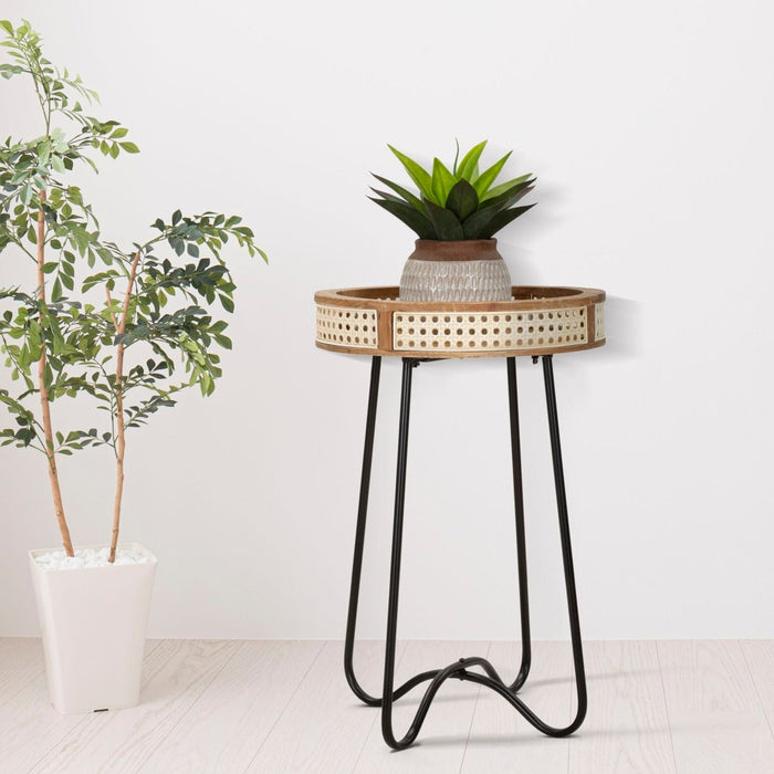 Măsuță Fuji Ø 40x60cm | Design Boho Chic cu Margine Paie Viena | Lemn și Metal