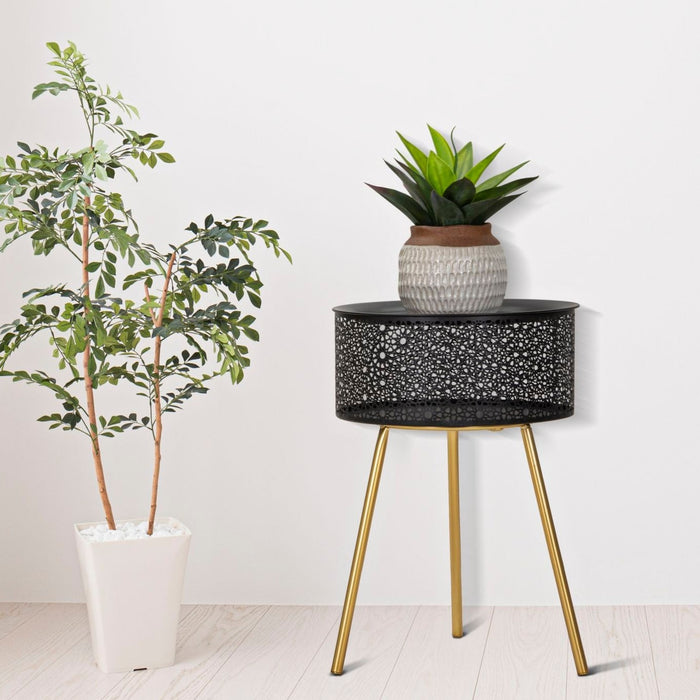 Măsuță Blacky Neagră cu Picioare Aurii Ø 35x50cm | Design Glam cu Recipient | Elegantă
