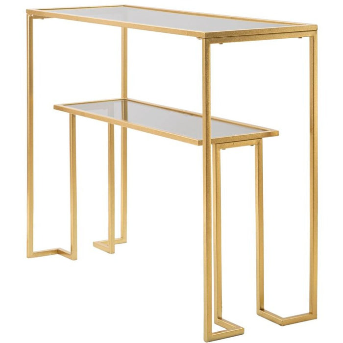Consolă Dublă Aurie 100x80x35cm | Design Glam cu 2 Rafturi Sticlă | Hol Elegant