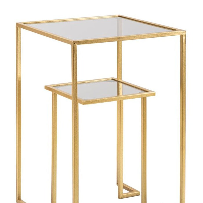 Măsuță Dublă Aurie 39x39x60cm | Design Glam cu 2 Rafturi Sticlă | Elegantă și Funcțională