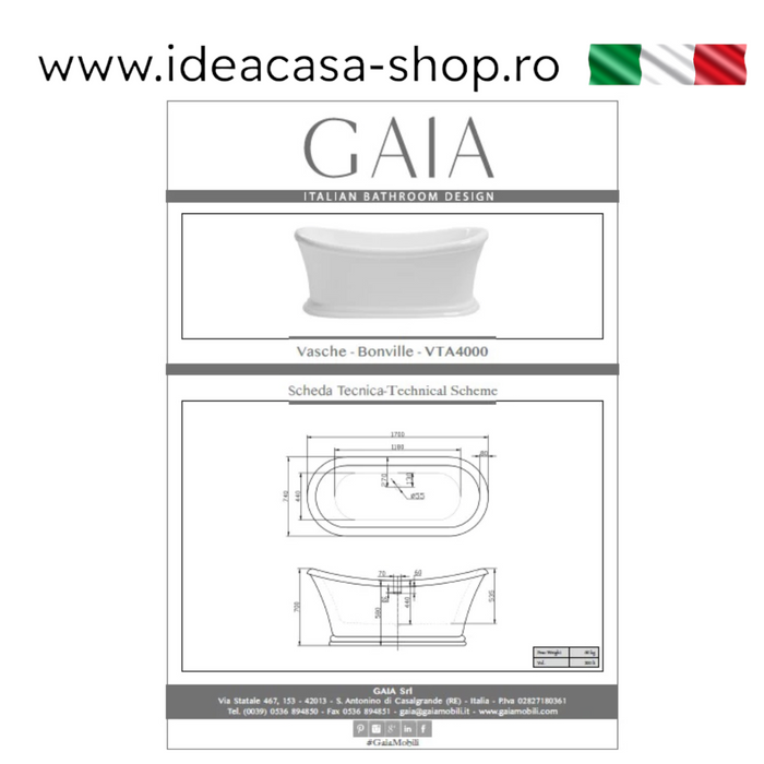 Cadă de Baie Freestanding Bonville Stil Clasic 170x74x70cm - Gaia Mobili Italy