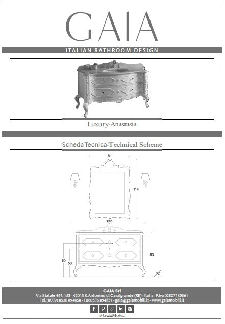 Mobilier Baie Clasic Anastasia 132cm Alb - Lemn Masiv & Marmură - Gaia Mobili Italia