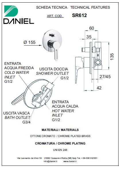 Baterie cada/dus cu deviator made in italy smart sr612