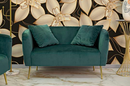 Canapea Bucarest 2 Locuri Catifea Verde smarald cu Picioare Aurii – Stil Glam