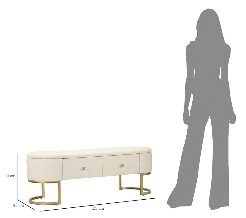 Bancă Sharon – Catifea Crem, Cadru Auriu, Stil Glam | 120×40×43 cm