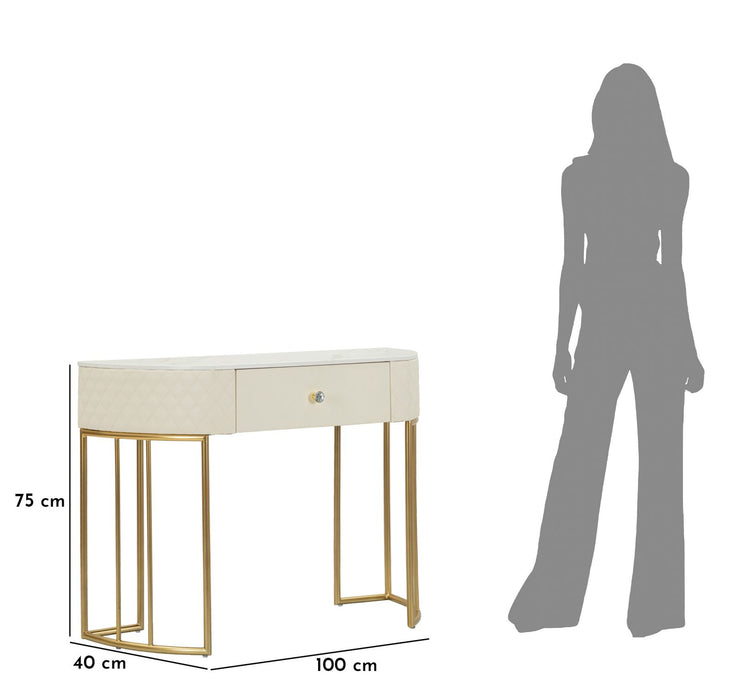 Consolă Sharon – Design Glam Auriu, Capitonaj Crem, Blat Marmură & Sertar | 100×74×43 cm