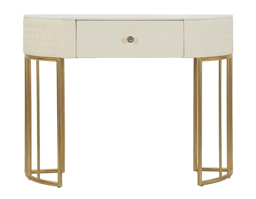 Consolă Sharon – Design Glam Auriu, Capitonaj Crem, Blat Marmură & Sertar | 100×74×43 cm