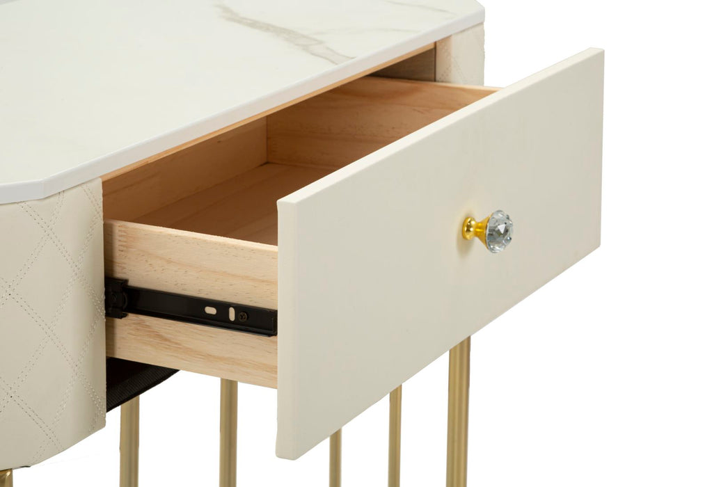 Consolă Sharon – Design Glam Auriu, Capitonaj Crem, Blat Marmură & Sertar | 100×74×43 cm
