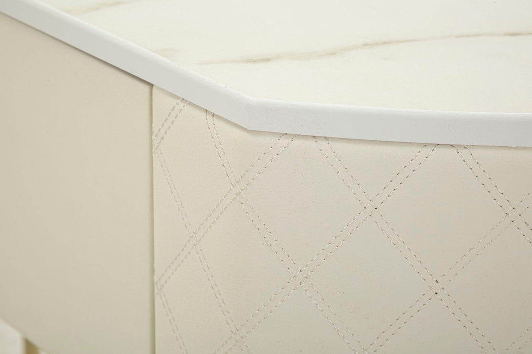 Consolă Sharon – Design Glam Auriu, Capitonaj Crem, Blat Marmură & Sertar | 100×74×43 cm