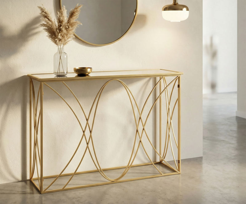Consolă Exy Aurie 120cm - Design Glam cu Blat Oglindă și Structură Metalică