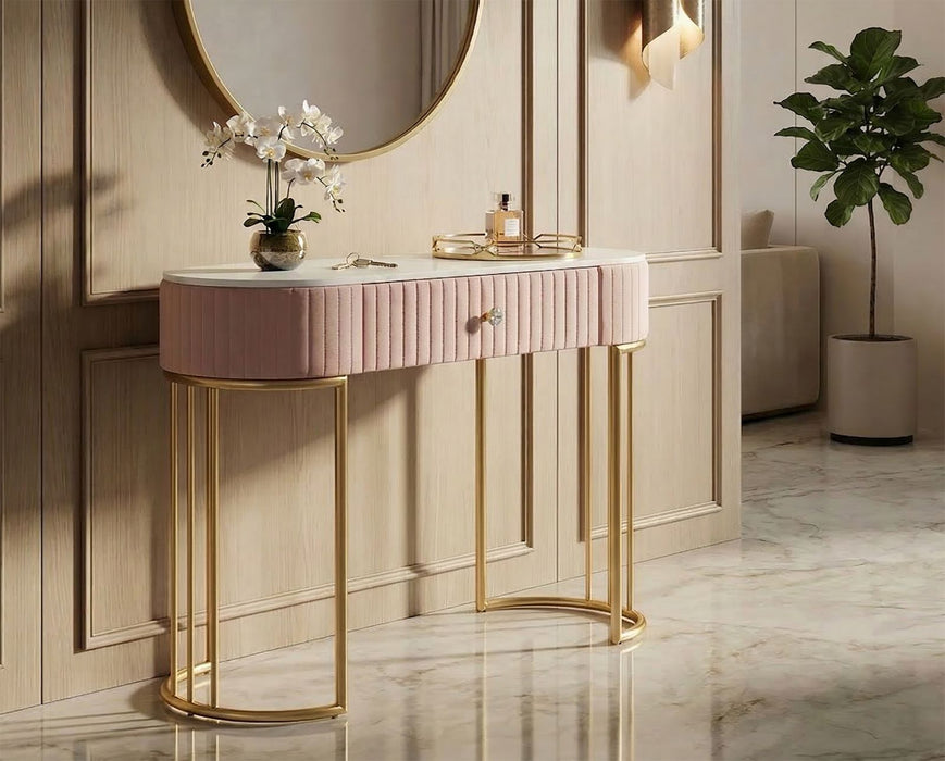 Consolă Glam Montpellier Roz cu Sertar - Design Elegant cu Blat Marmură 100x40x75 cm