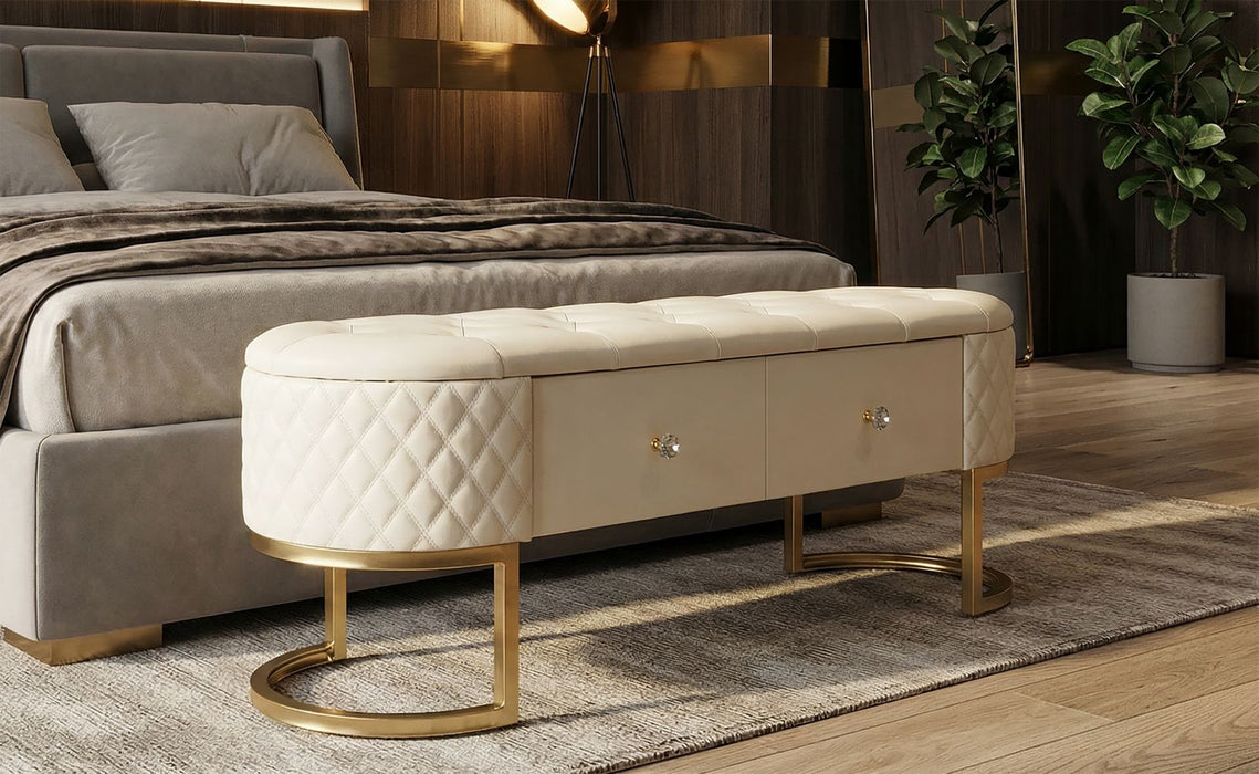 Bancă Sharon – Catifea Crem, Cadru Auriu, Stil Glam | 120×40×43 cm