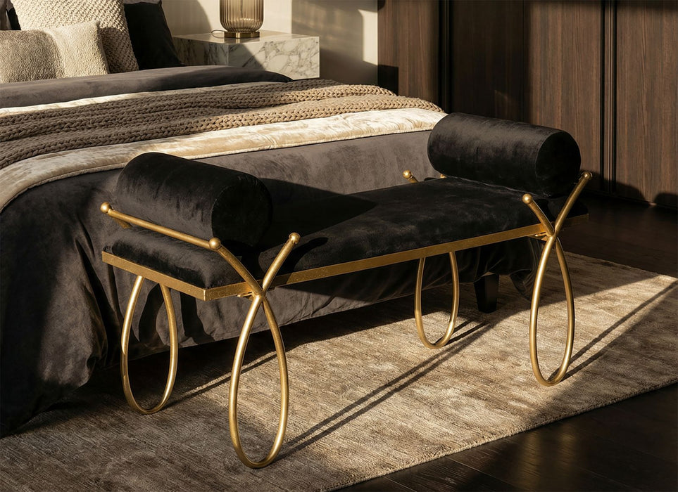 Bancă Tapițată Pangila Negru – Catifea & Cadru Auriu, 112,5×49×53 cm