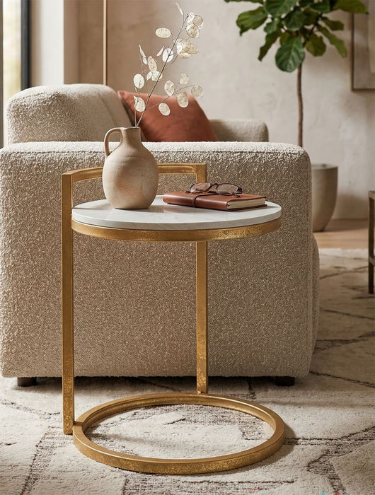Măsuță Rotundă Blat Marmură Albă cu Structură Aurie – Stil Glam