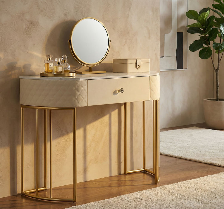 Consolă Sharon – Design Glam Auriu, Capitonaj Crem, Blat Marmură & Sertar | 100×74×43 cm