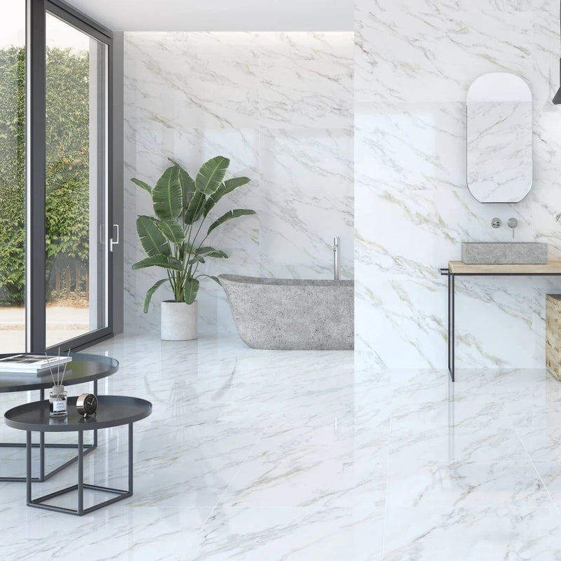 Gresie și faianță porțelanată Ess. Calacatta Gold 60 × 120 cm, aspect marmură – Prismacer