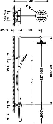 Baterie Duș Termostatică TRES Moderna 200mm  2738704