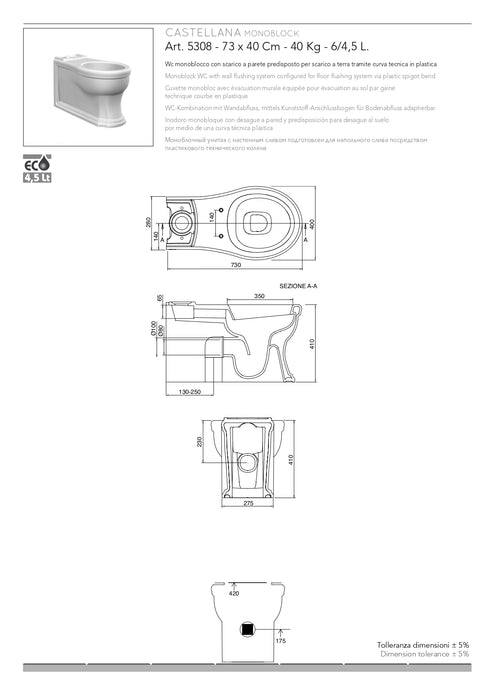 Vas WC Castellana 5308 – Set Complet cu Rezervor și Capac Soft Close | Scarabeo Italia