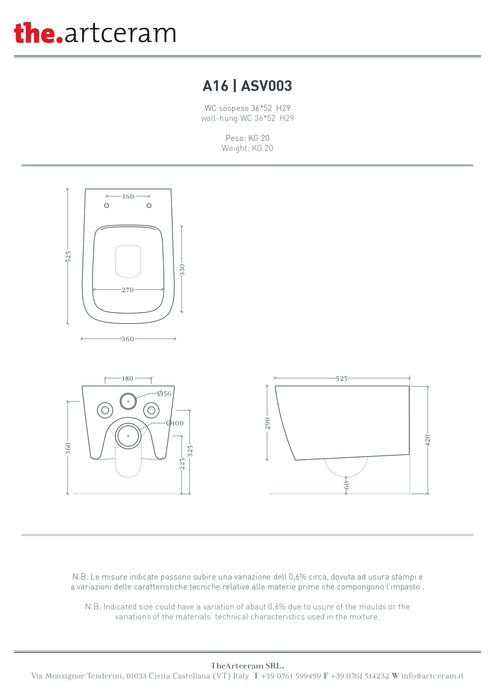 Vas WC Suspendat A16 Artceram 36×52 cm-asv003