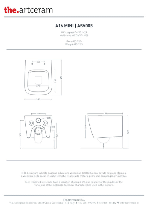 Vas WC Suspendat A16 Mini Artceram 36×45 cm –asv005