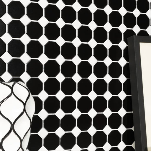 Mostră de mozaic decorativ Octagon 29,5×29,5 cm – porțelan glazurat alb și negru