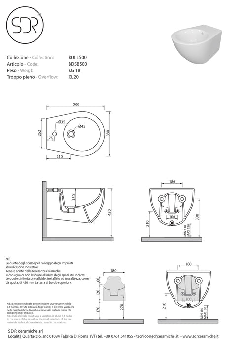 Bidet Suspendat Bull 500 SDR Ceramiche 50x38 cm - Made in Italy - Design Modern Elegant