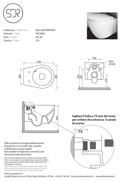 WC Suspendat Bull 500 SDR Ceramiche 36x53 cm cu Capac Soft Close - Made in Italy - Design Compact Modern