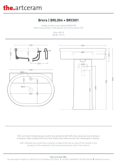 Lavoar Suspendat Brera Artceram 65x46cm -brl004