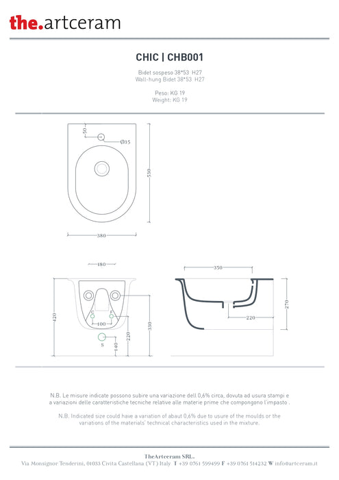Bideu Suspendat Chic Artceram 38x53cm -chb001