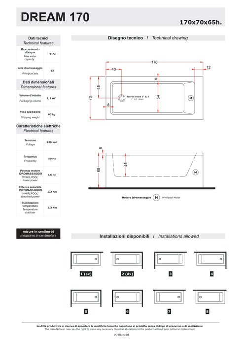 Cadă cu Hidromasaj Dream 170x70x65cm - Acril Premium cu Finisaj Lucios