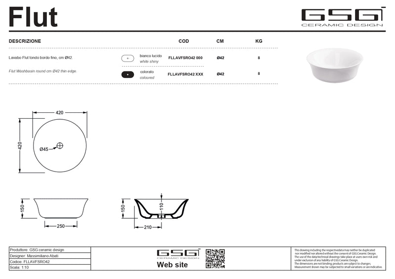 Lavoar Blat Flut – Ebano Satinat (cod.028) 42 cm | GSG Ceramica Italia