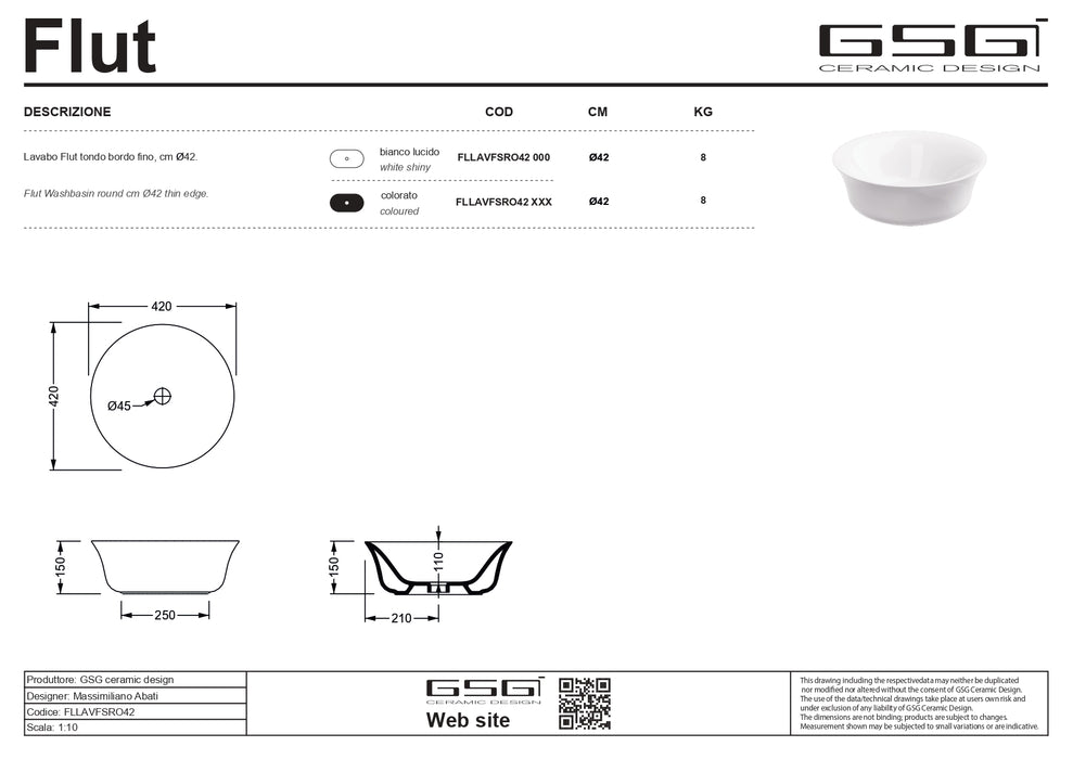 Lavoar Blat Flut – Ebano Satinat (cod.028) 42 cm | GSG Ceramica Italia