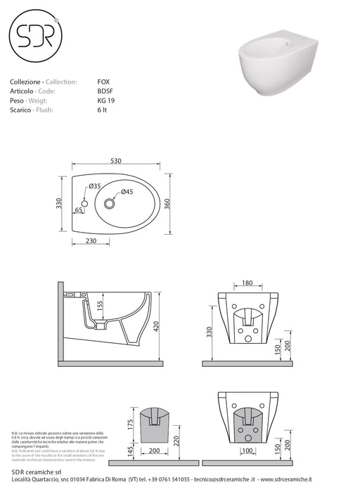Bidet Suspendat Fox SDR Ceramiche 53x36 cm - Made in Italy - Design Modern Elegant